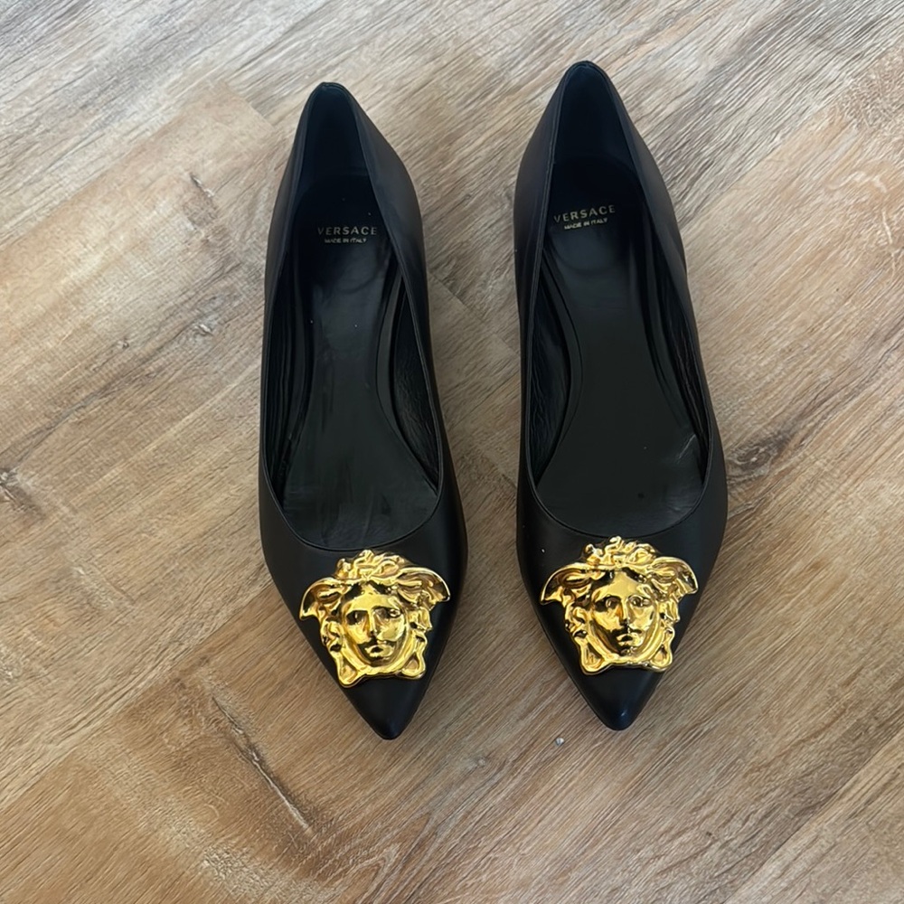 Versace Black and Gold Heels with Medusa Accents